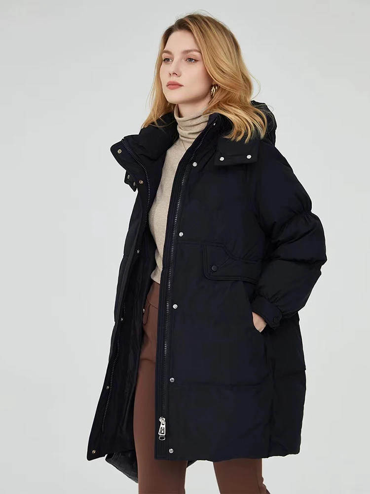 Winter Hooded 90 White Duck Down Jacket Coats Women Long Sleeve Warm Thick Coats Hat Detachable Solid Parker Down Overcoat Coats