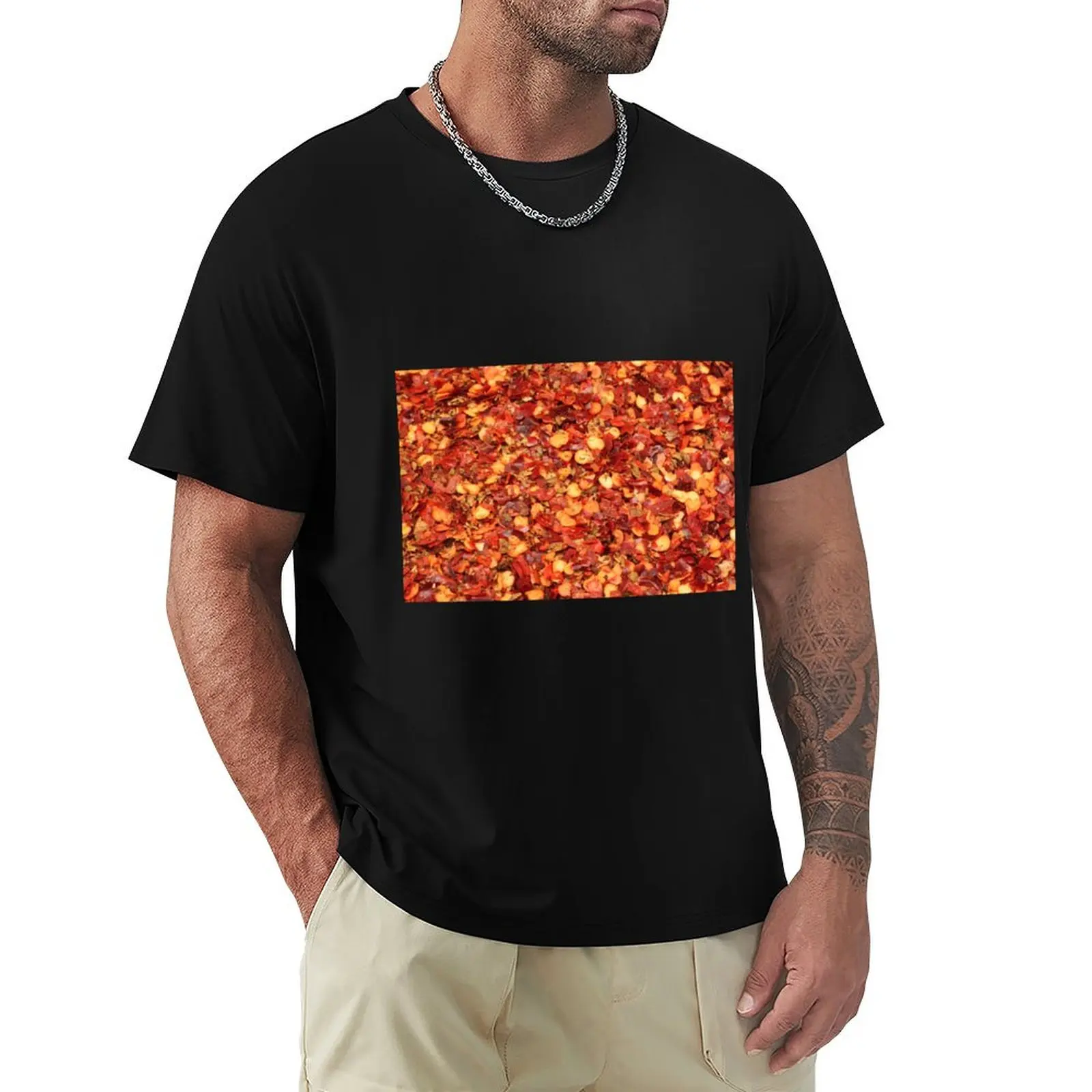 Ground red chili flakes and seeds close up T-Shirt t shirts for man slim fit T-Shirt