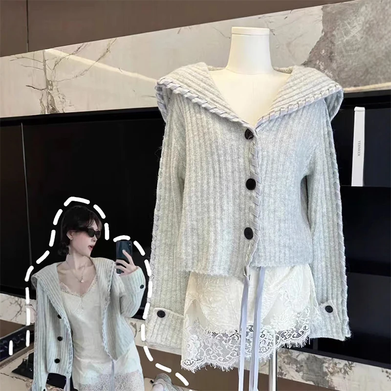 

Spicy Girl Design Large Collar ort Open Cardigan Knitted Long Sve Women's Outerwear Spring Autumn Dstring ey Top