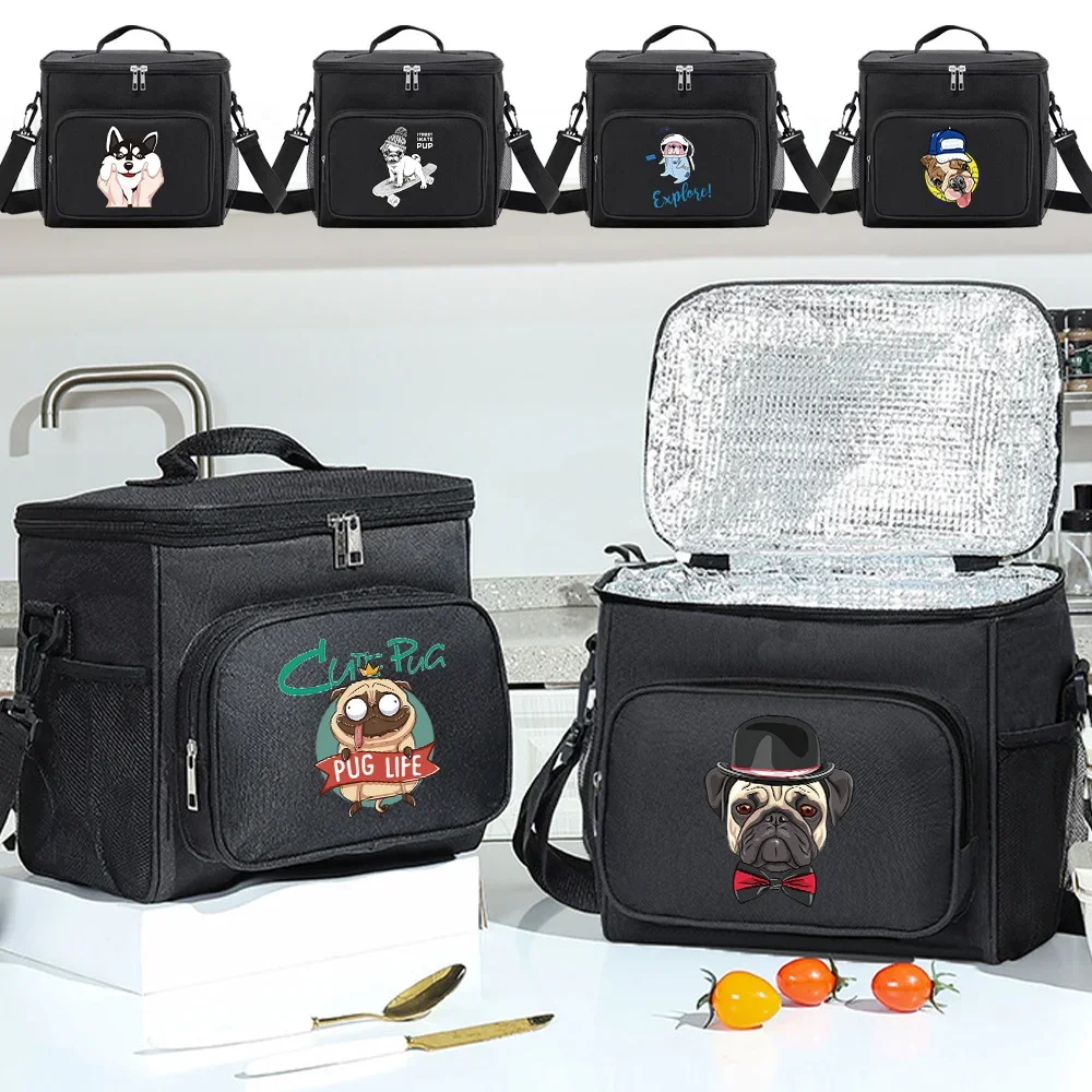 Front Pocket Lunch Box Unisex Black Color Insulated Food Storage Bag Portable Thermal Cooler Original Cute Dog Printing