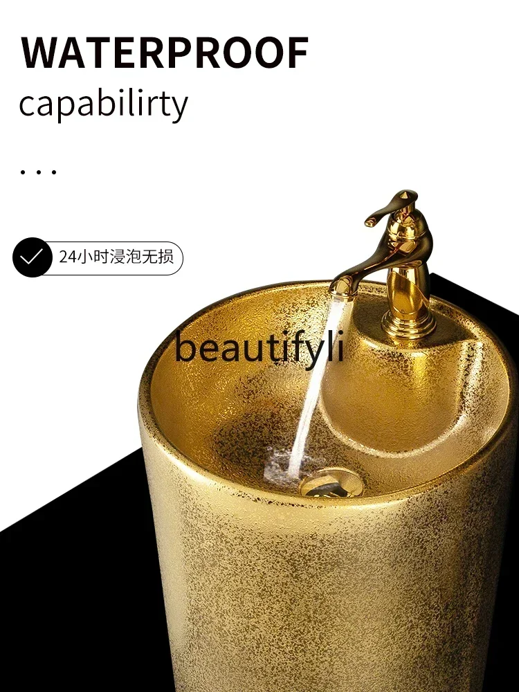 FG10New حوض عمود ذهبي، حوض غسيل مطلي بالذهب، عمود دائري متكامل، حمام الفندق، غسيل من نوع العمود #4