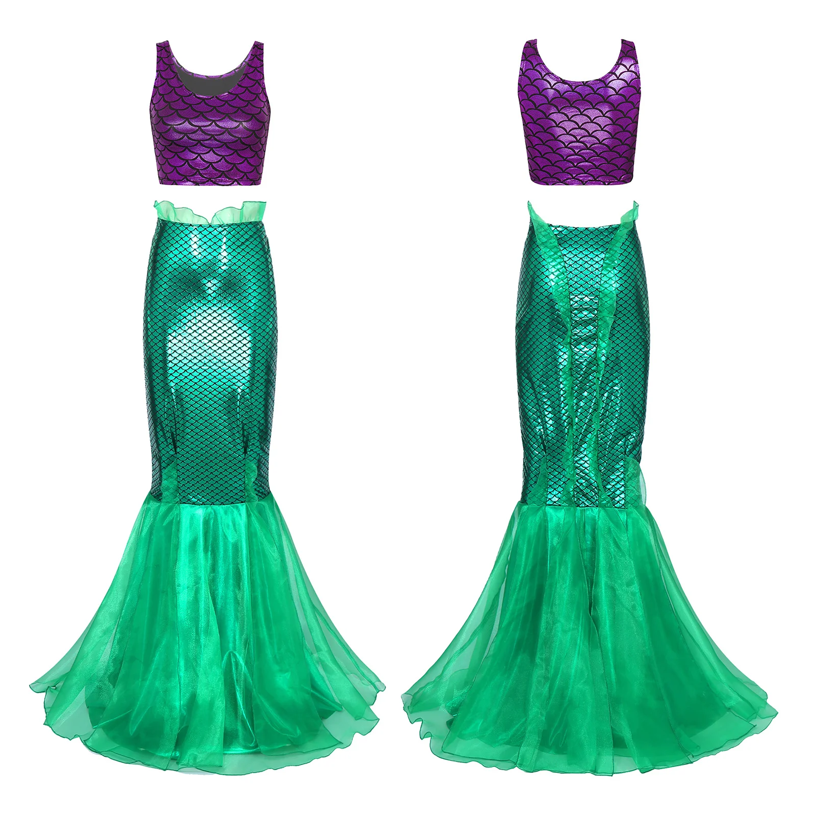 Women\'s Mermaid Cosplay Role Play Costumes Mermaid Tail Themed Party Fancy Dress Up Sleeveless Tank Top Tulle Fishtail Skirt Set