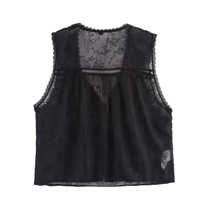 KEYANKETIAN 2025 Summer New Women's Sleeveless See Through Lace Embroidery Shirt French Style V-Neck Single Breasted Blouses Top