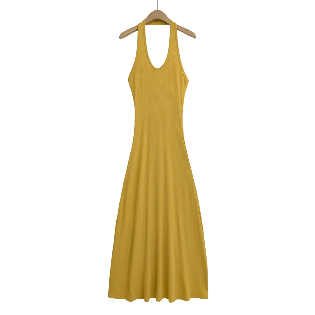 Vestido largo con cuello halter y cuello en V acanalado para mujer