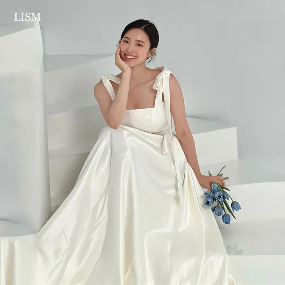 

LISM Simple Silk Satin A-Line Wedding Korea Photo Shoot Adjustable Straps Square Collar Bridal Gowns Wedding Party Formal Dress