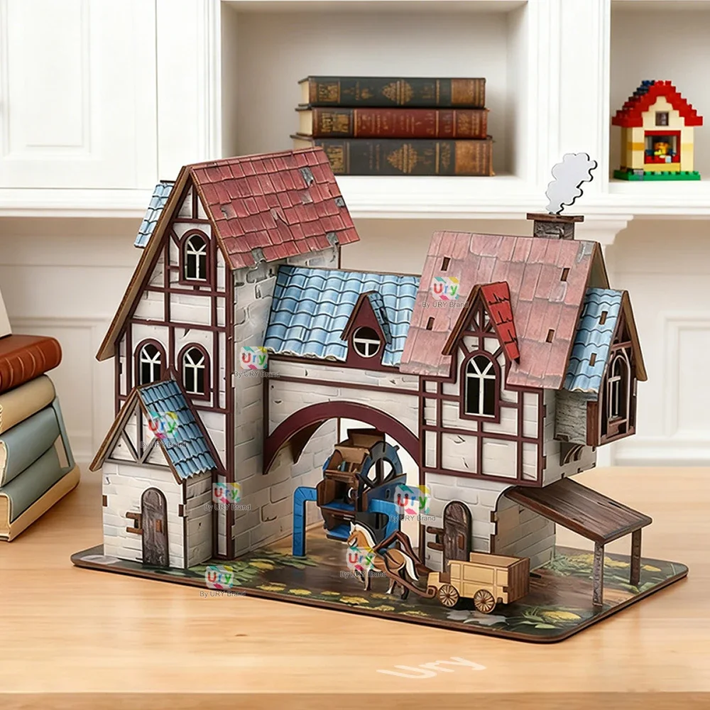 

3D Wooden Puzzle Medieval Village House, Retro DIY Assembly Model Kit, Colorful Decorative Gift for Kids & Adults