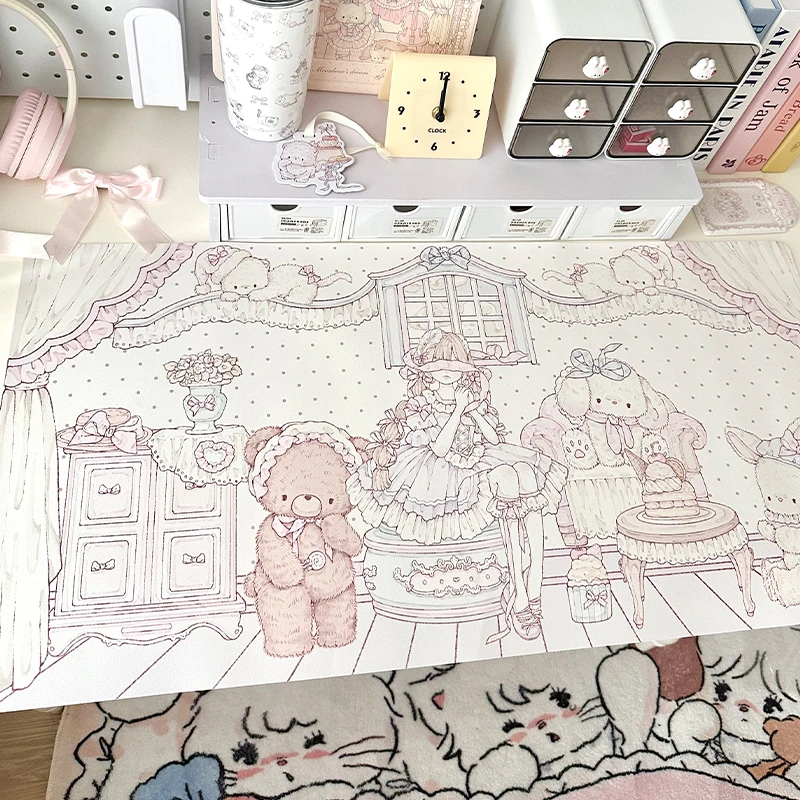

New Original Design Girl Mouse Pad Large PU Leather Cartoon Bear Computer Keyboard Pad Waterproof Non-Slip Ins Style Desk Mat