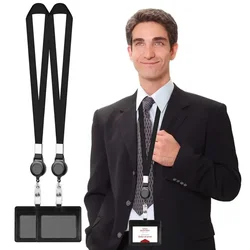 PU Leather Pass Work Card Cover Working Permit Case Sleeve Badge Holder Black ID Tag Lanyard for Staff Card Clip Neck Strap