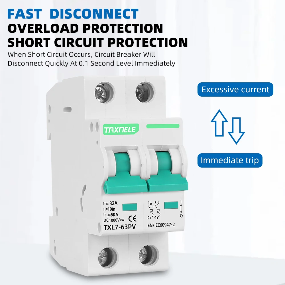 2P DC 1000V L7 MCB Solar Mini Circuit Breaker Overload Protection Battery Switch 10A 16A 20A 25A 32A 40A 50A 63A Photovoltaic PV