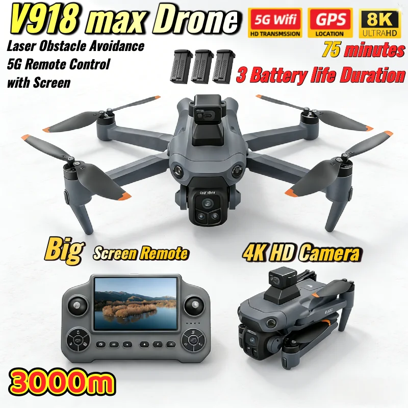 

V918 Max Drone GPS Laser Obstacle Avoidance 4K Professional Camera FPV 3000M RC Quadcopter with LCD Screen camera drone Gifts