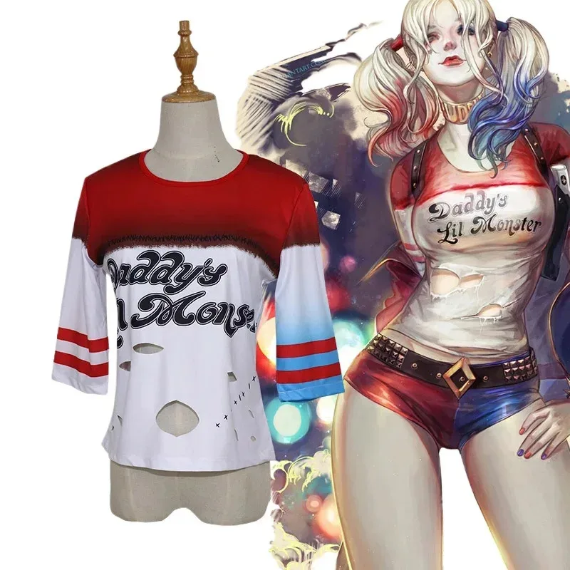 2026 nuevas mujeres chica suicida Harleen Cosplay disfraces escuadrón Quinn monstruo Top camiseta rasgada traje carnaval Bar fiesta salón ★ ☆ ❤ ★ ☆
