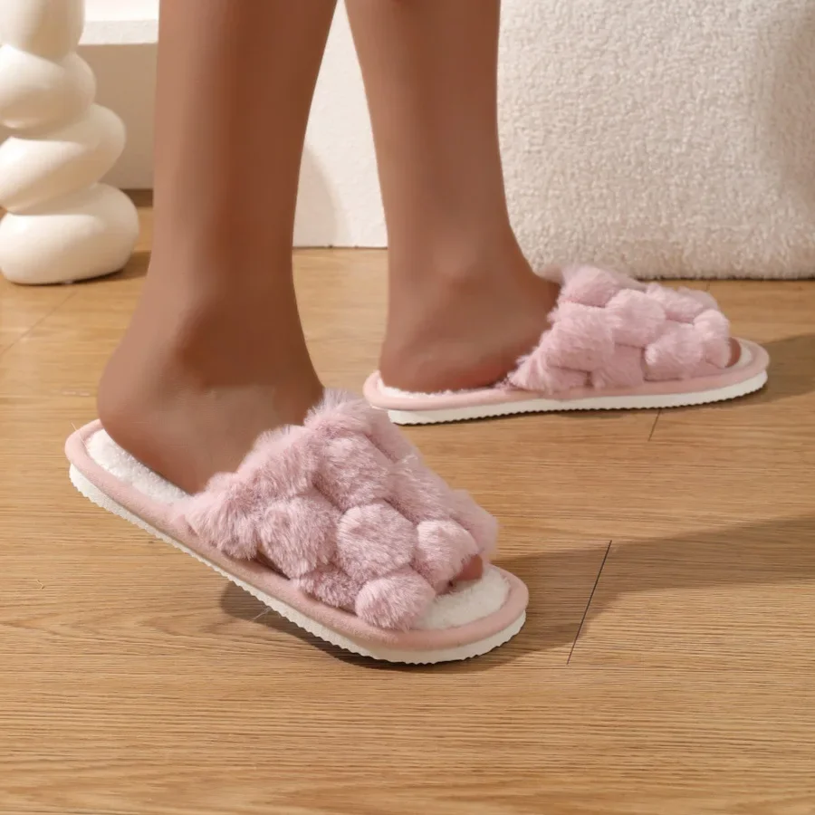 Pantoufles Doublées de Fausse Fourrure pour la Maison, Chaussures à Glissière Moelleuses et Confortables, en Peluche, Semelle Antidérapante, Carillon Chaud