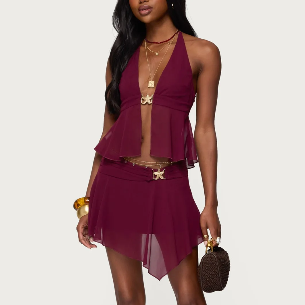 Hirigin مثير المرأة شبكة تنورة مجموعة الصيف المألوف أكمام الرسن الرقبة القمم مع تنورة صغيرة 2 قطعة الزي نادي الحفلات #1