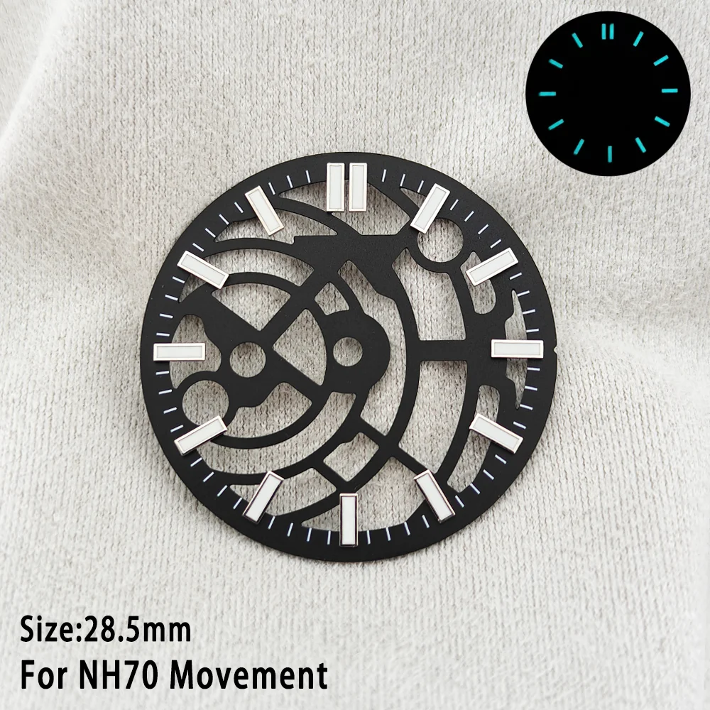 For NH70 Hollow Skeleton Dial 28.5mm C3 Green Luminous Black Blue Hollowed Out Dial Fit NH70 NH72 Movement
