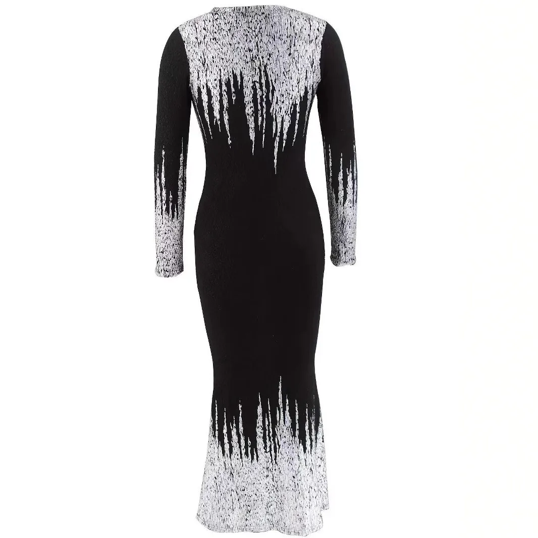 Elegant Party Long Sleeve Gold Foil Print Wedding Guest Dress Maxi Length Black Base Mermaid Skirt Fitted Waist Evening Dress view 2