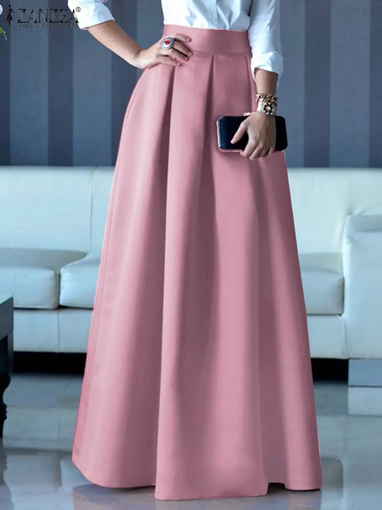 ZANZEA Fashion Women Autumn High Waist Maxi Long Skirt A-line Party Satin Skirt Jupe Vestidos Elegant Office Skirts Faldas Saia