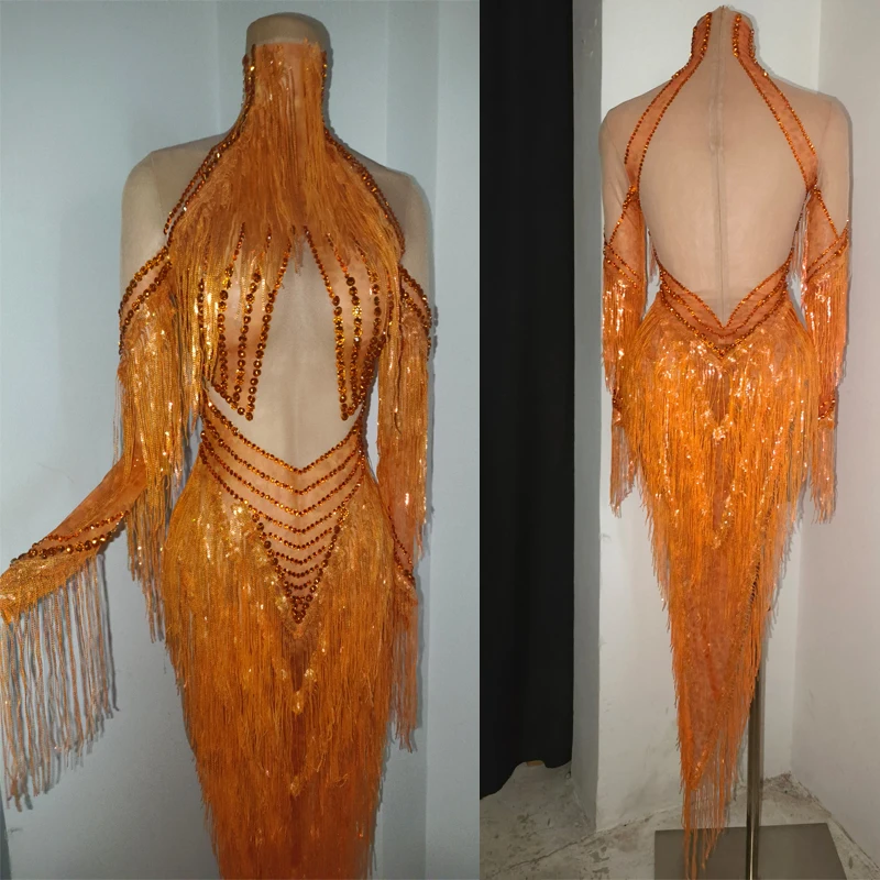 Vestido con Flecos y Pedrería Naranja para Mujer, Traje de Cantante, Bailarina Gogo, Atuendo para Actuación en Bar, Discoteca, Rave, XS11202
