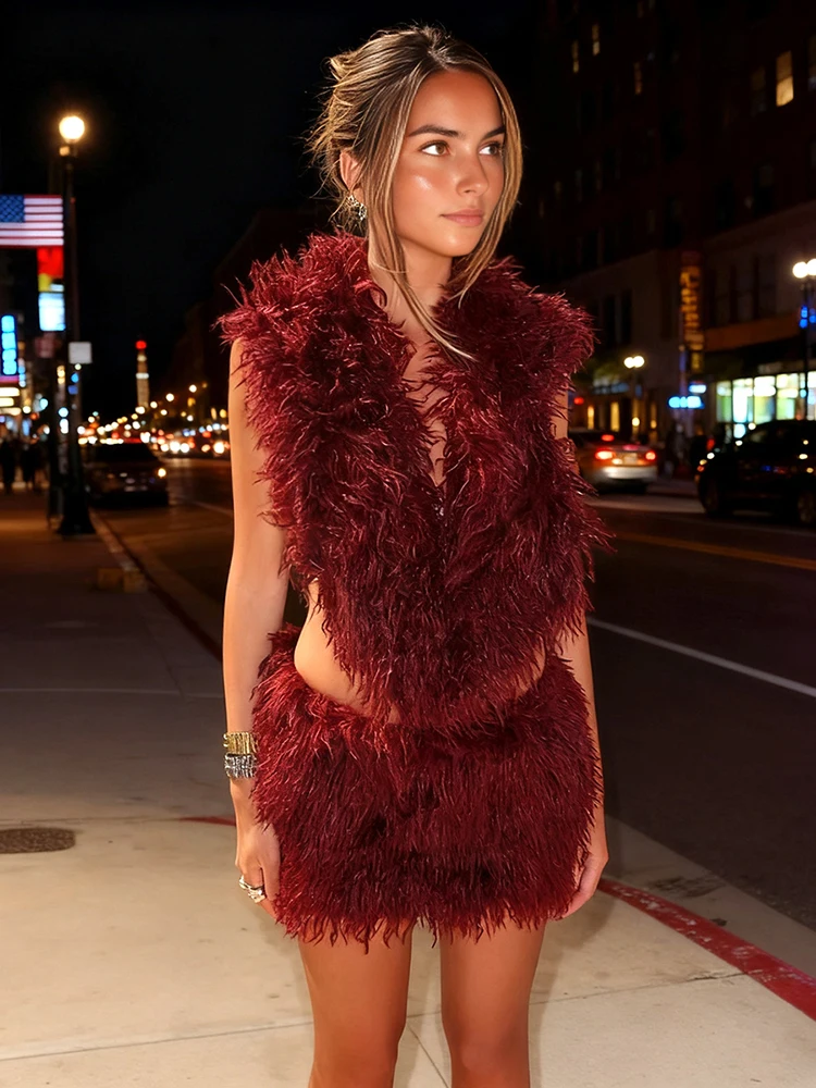 

Sisterlinda пушистый комплект из 2 предметов с капюшоном, женский сексуальный топ на шнуровке с открытой спиной + юбка на бедрах персикового цвета, походная уличная клубная горячая одежда