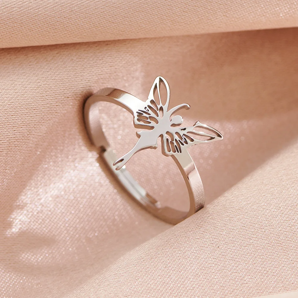 Fashion vintage stainless steel niche design Butterfly Fairy Angel Wing ring simple personality everything matching ring accesso