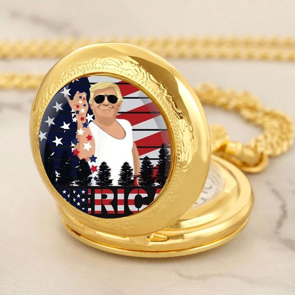 New Funny Cool Trump Glass Dome Gold Quartz Pocket Watch Women Men Necklace Unique Pendant Clock Watch Jewelry Gift Accessories