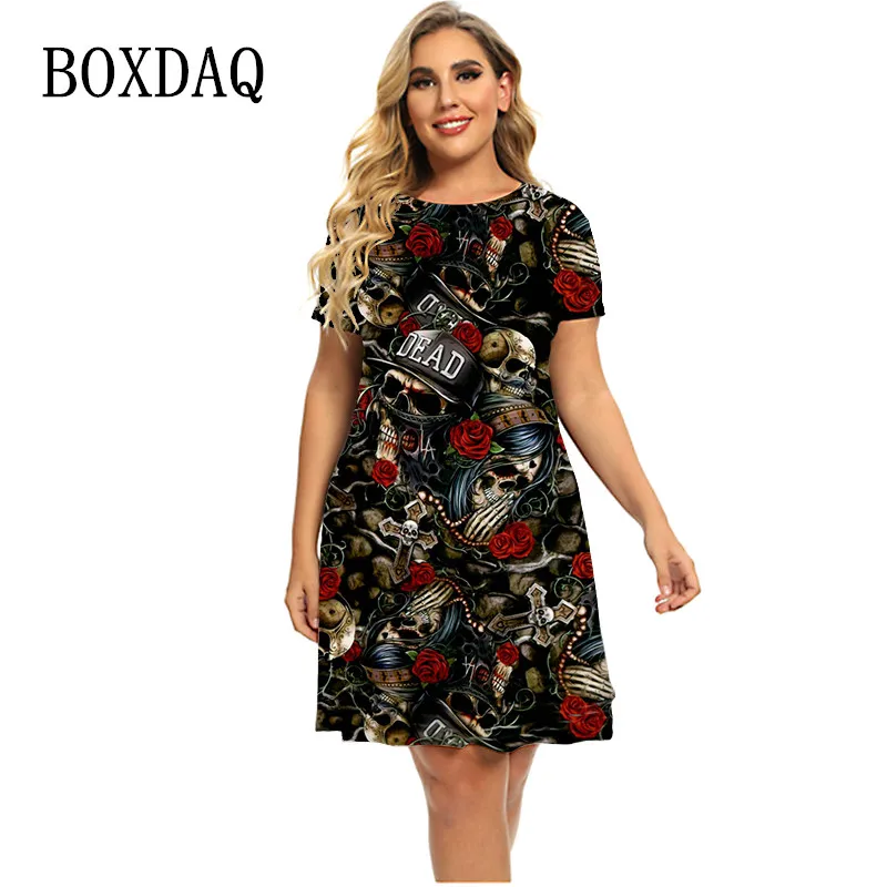 2023 Gothic Terreur Schedels Jurk Mode Nieuwe Patroon 3D Rose Print Jurken Zomer Korte Mouw Casual Kleding Plus Size Kleding 6XL