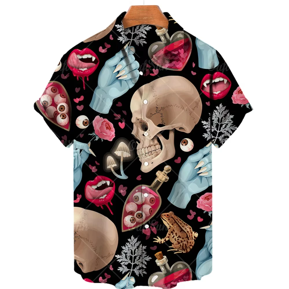 2025 Crânio Camisas dos homens Lapela Streetwear Camisa Do Vintage Para Homens Rua Hip Hop Manga Curta Top Festa Verão Homens Camisas Havaianas