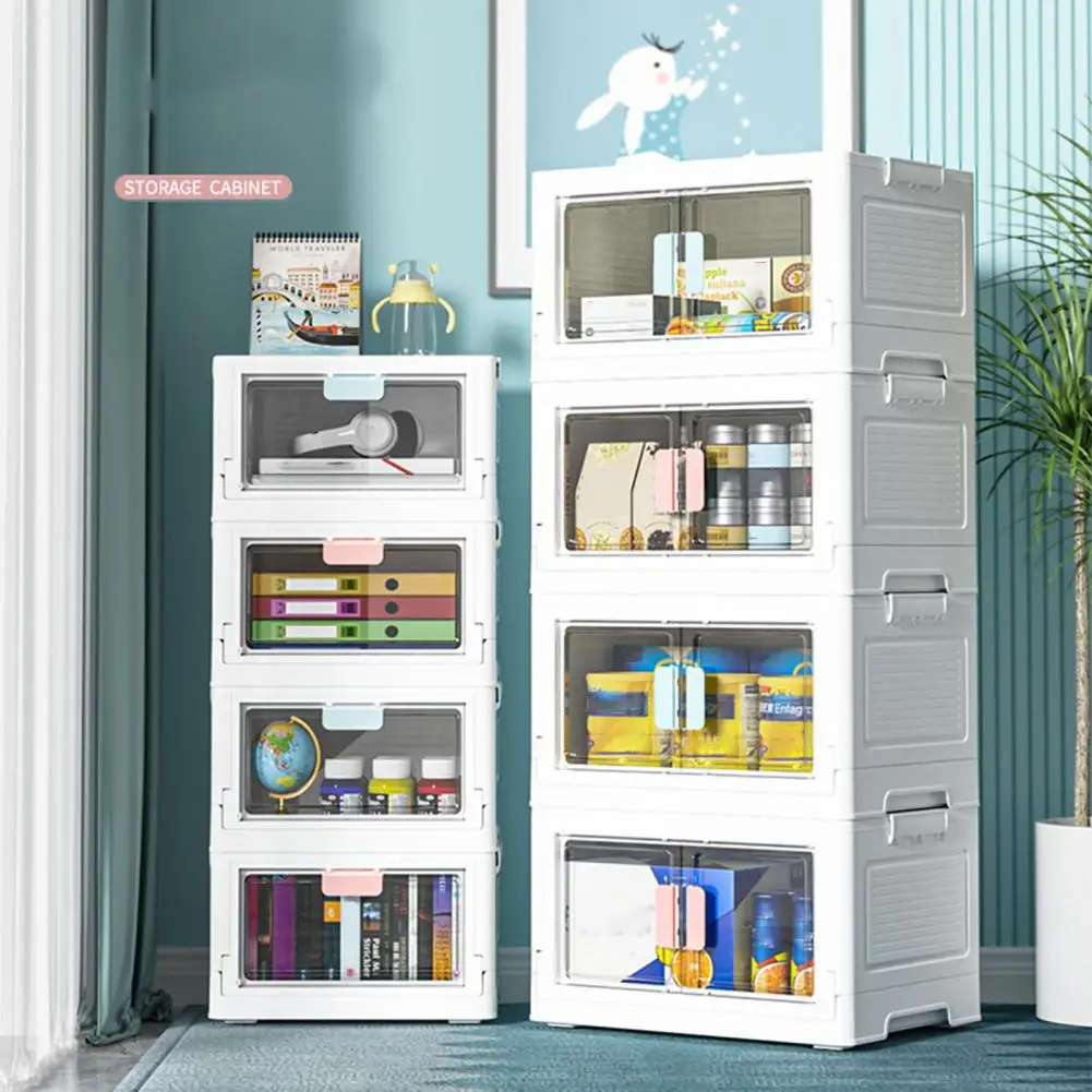 Transparent Foldable 4 Caster Wheels Front Flip Lid Stackable Kids Toys Organizer Desktop Plastic Container Book Storage Boxes