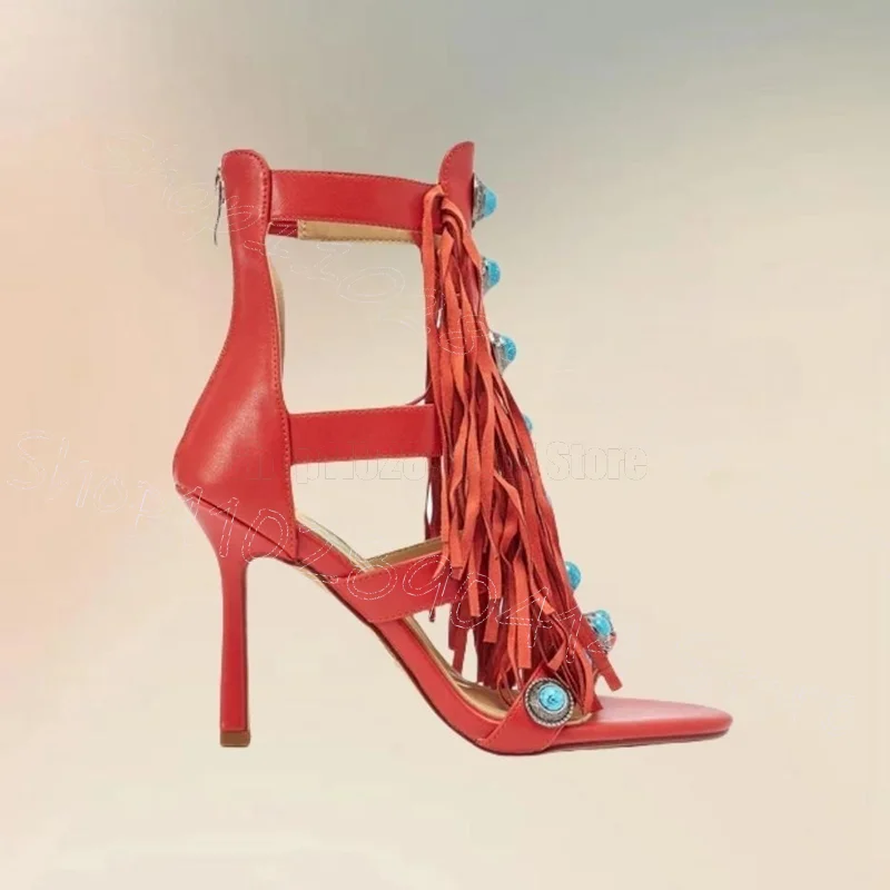 

Metal Button Red Tassels Open Toe Sandals Back Zipper Women Shoes Thin High Heels Party Banquet Dating 2026 Zapatos Para Mujere