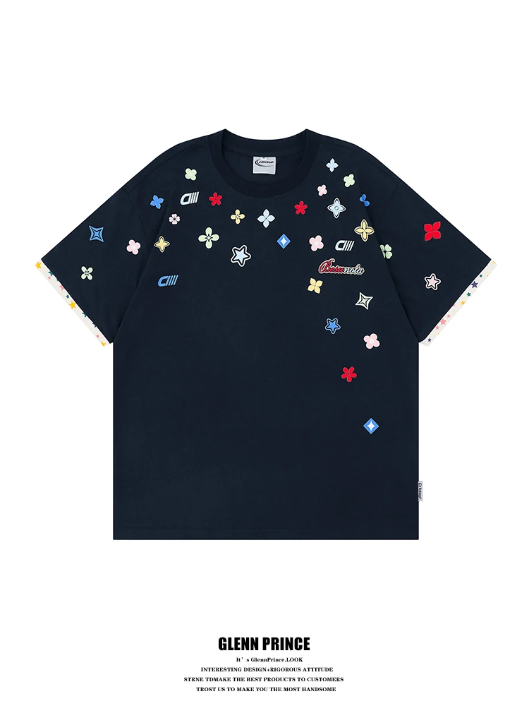 

American Style Lazy Chic Floral Star Decal Print Short Sleeve T-Shirt for Men New 2026 Breathable Cotton Casual Tee