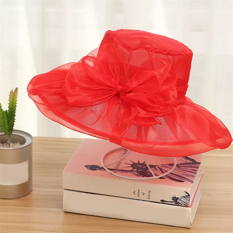 Elegant Bow Lady Hat Summer Organza Wide Brim Sunscreen Kentucky Derby Hats For Women Church Wedding Beach Sun Cap Foldable