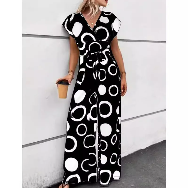 Women Printed Wide Leg Jumpsuits Casual Clothes Suit Fashion High Waist With Belt Elastic Loose Sleeveless Temperament Jumpsuit