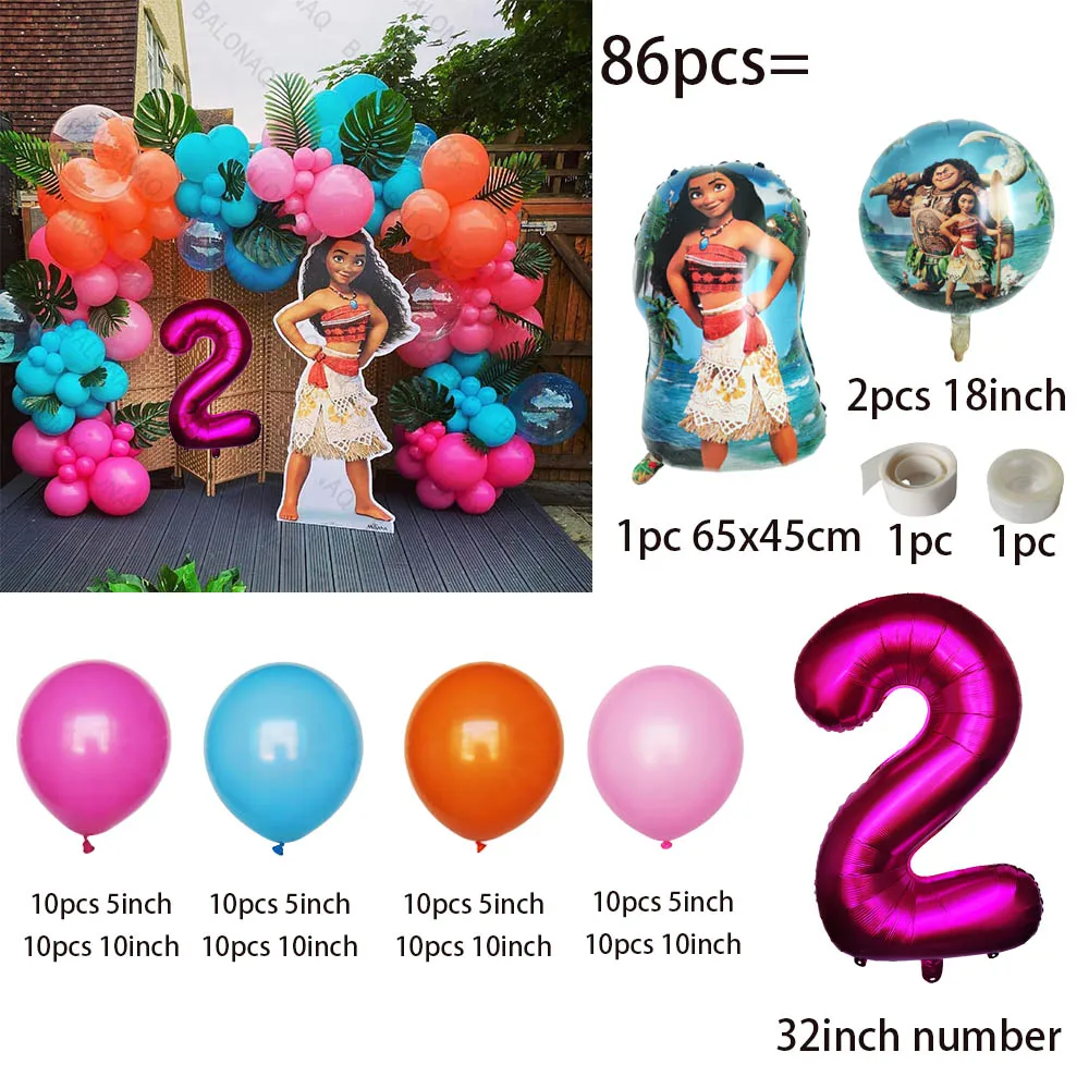 86PCS Ocean Adventures Moana Palloncino Colonna Set 32 pollici Numero rosa Daisy Foil Globos 1-9st Girl Birthday Party Decorazioni per la casa