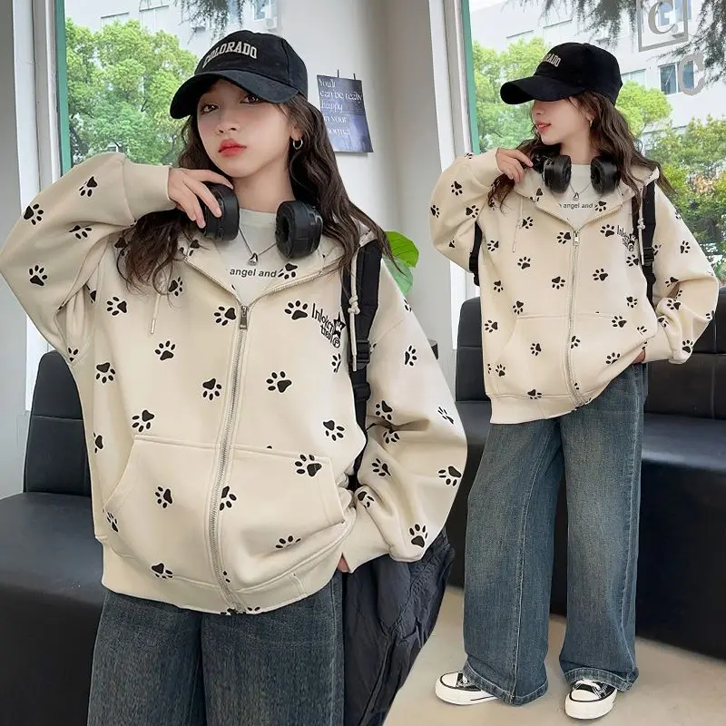 

Весенне-осенняя куртка с капюшоном и мультяшным принтом для девочек, весенне-осенний детский кардиган в консервативном стиле, пальто, повседневная свободная верхняя одежда, универсальная