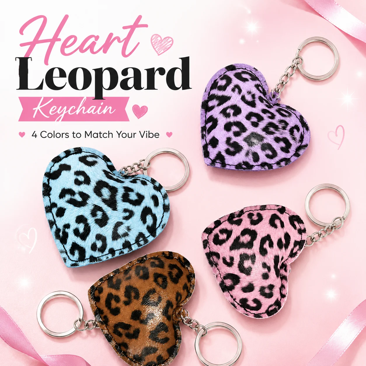 Heart Leopard Print Keychain, Cute Puffed Bag Charm for Keys Bags & Backpacks, 4 Colors Available, 1-Pack