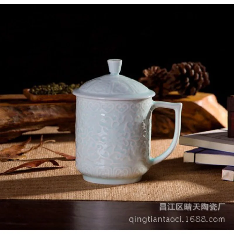 ★Jingdezhen Qingwu Ceramic Crafts Bluish White Porcelain Interlock Branch Lotus Cup for Boss Office Cup Ornaments with Lid