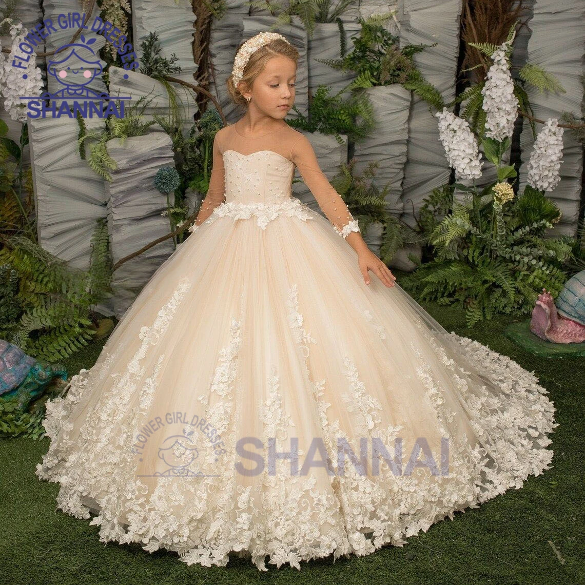 Flower Girl Dress Exquisite O-Neck A-LINE Floor-Length Princess Dress for Wedding Bridesmaid Birthday First Communion Gown