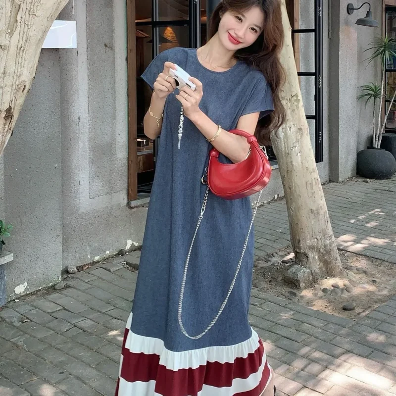 Women's Plus Size Color Block Striped Maxi Dress Loose Casual Crew Neck Dress