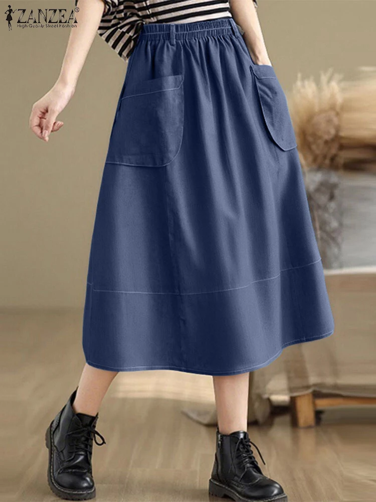 ZANZEA Vrouwen Vintage Denim Rokken 2025, Zomer Hoge Taille Zakken Effen Kleur Lange Rokken Casual Losse A-lijn Oversized Rokken