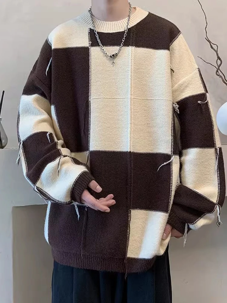 

Мужской свитер в американском ретро-стиле с цветными блоками, круглым вырезом, осенне-зимний, модный дизайн, молодежный, свободный крой, мягкий и удобный