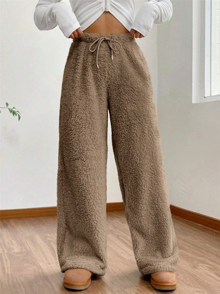 Autumn Winter Women Keep Warm Pants Fashionable Plush Casual Drawstring Waist Loose Comfortable Clothing Trouser Sweat Pant