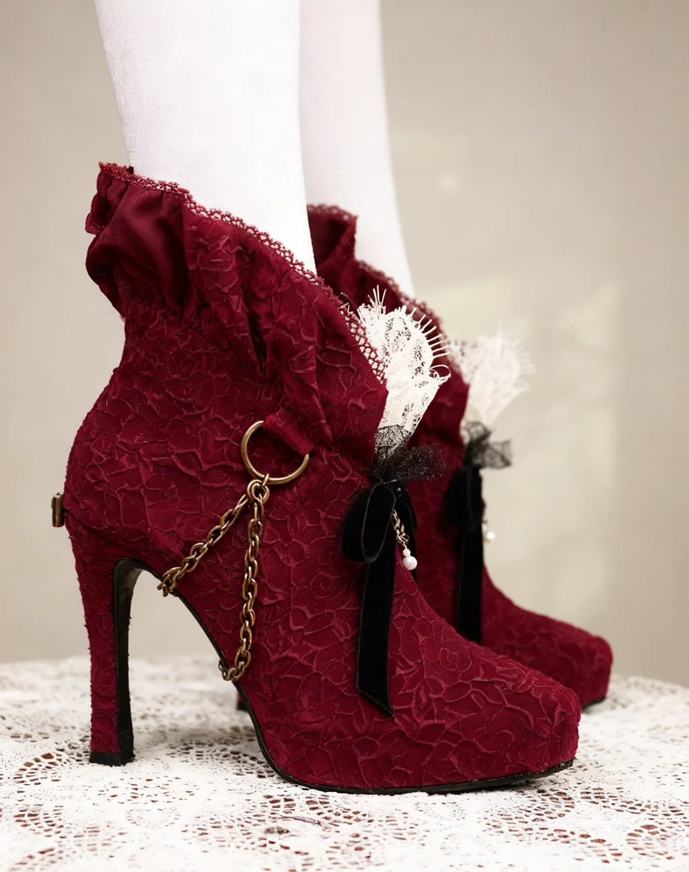 Retro Burgundy Lace Ruffled Cuff Ankle Boots Elegant Gothic Design Stiletto Heel Black Bow & Chain Pearl Accents Lolita Style