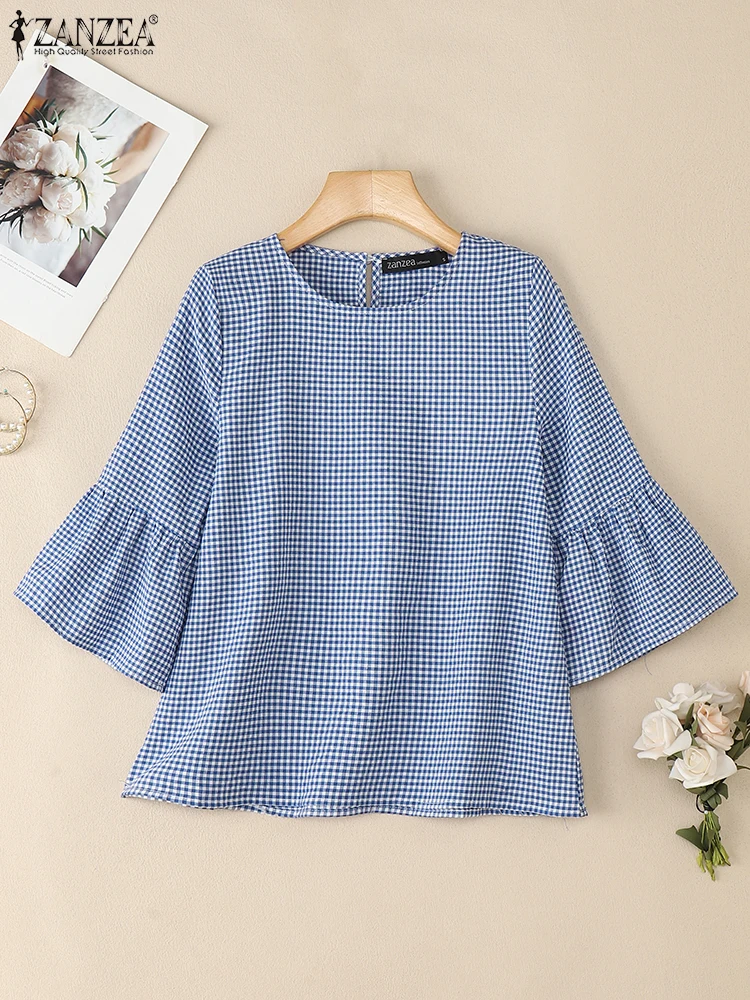 

ZANZEA, женские блузки в клетку, осень 2024, повседневные топы с круглым вырезом и расклешенными рукавами 3/4, корейская мода, 4 цвета, S-3XL