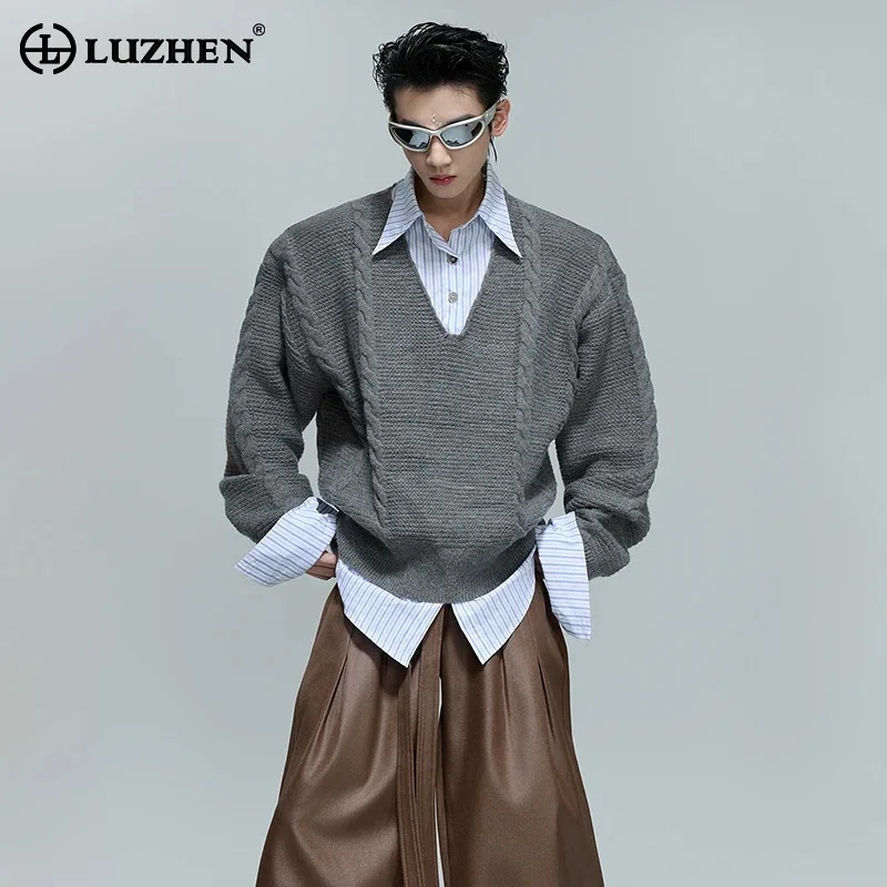 

LUZHEN поддельные рубашки из двух предметов в полоску с v-образным вырезом, вязаный пуловер, мужская модная красивая одежда, осень 2021, новый свитер JY4355