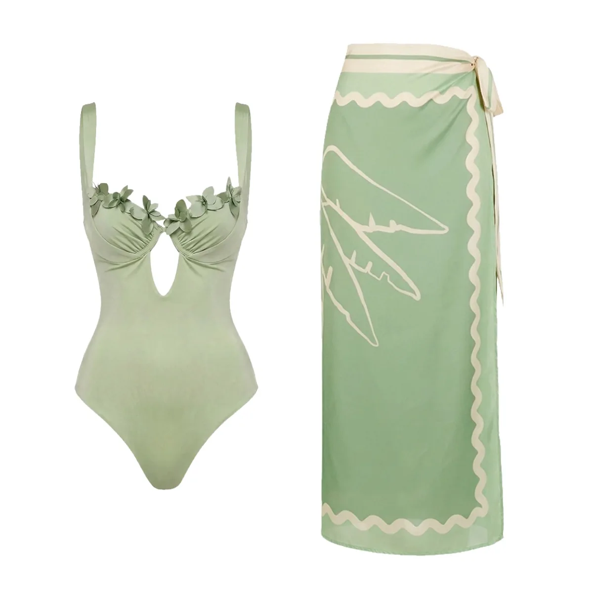 Light Green Three-Dimensional Flower One-Piece Swimsuit Women's Slimming Two-Piece Set for Hot Spring Vacation Cover-Up