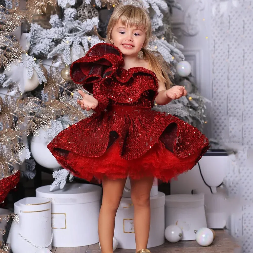 

Glitter Sequins Short Girl Dresses Fashion Ruched One-Shoulder Puffy Mini Christmas Dress for Girls Kids Birthday Party Pageant