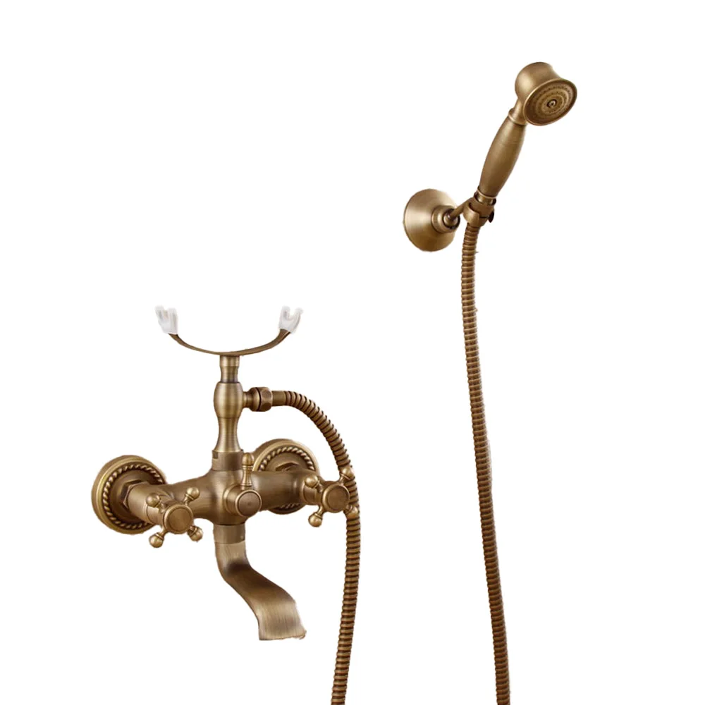 

Retro Antique Brass Wall Mounted Dual Cross Handle Bathroom Faucet with Handheld Shower Clawfoot Tub Mixer Tap ttf352