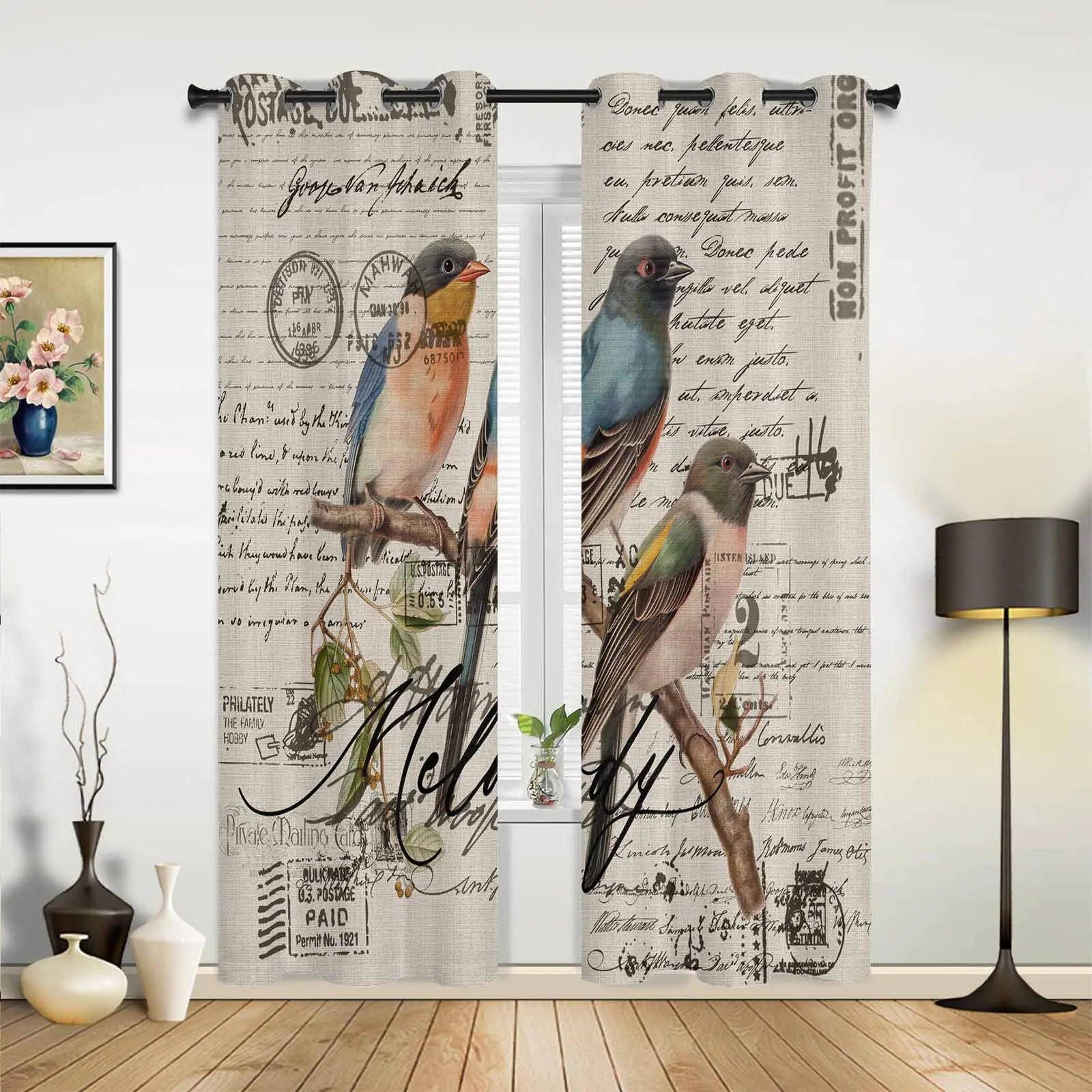 Vintage Bird Hand Drawn Envelope Modern Window Curtains for Living Room Bedroom Curtain Kitchen Treatment Blinds Drapes