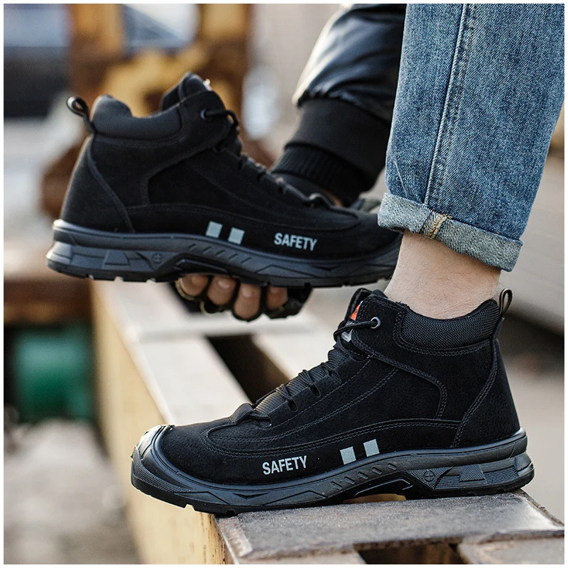 mens casual steel toe covers work safety boots cow suede leather welding shoes worker safe ankle botas security footwear protect