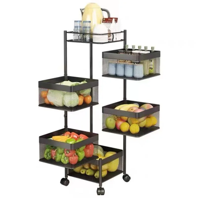 Rotating Storage Baskets Rack With Wheels 5 Tier Stackable Metal Basket Kitchen Storage Shelf Cube Fruit Vegetable Organizer