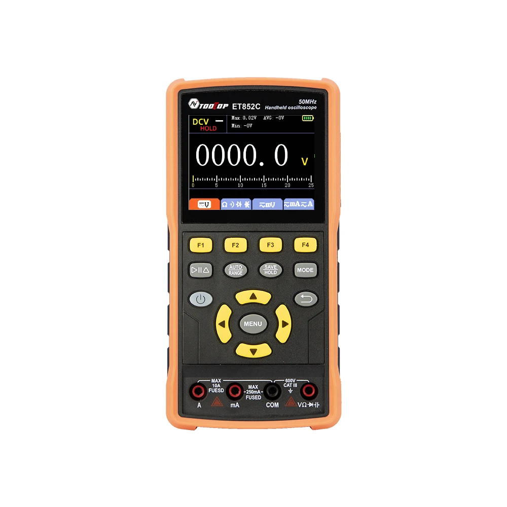 

TOOLTOP 2CH 50MHz 200MSa/s Digital Oscilloscope True RMS AC DC Multimeter 5MHz Signal Generator 128K Storage Depth Repair Tools
